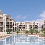 3D-weergave van appartementencomplex met zwembad en tuin