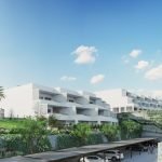 Artistiek beeld van witte appartementencomplex met groene beplanting
