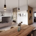 Stijlvol ingerichte woonkamer met zitbank televisie en kunst aan de muur
