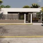Toegangspoort met modern hek en tropische planten