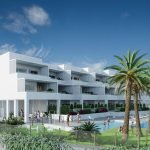 Visualisatie van een modern appartementencomplex met zwembad en vegetatie