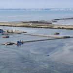 Kustlandschap met huis op pier en ondiep water met uitzicht op stad