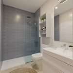 Moderne badkamer met inloopdouche en grijstinten