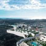 Uitzicht over heuvelachtig gebied met moderne villa's