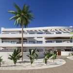 Modern appartementencomplex met palmbomen en tuin